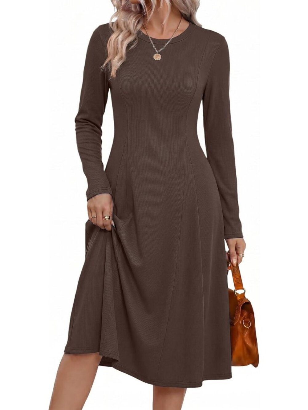 Women's Brown Sweater Crew Neck Long Sleeve Ribbed Knit A Line Flowy Midi Dress